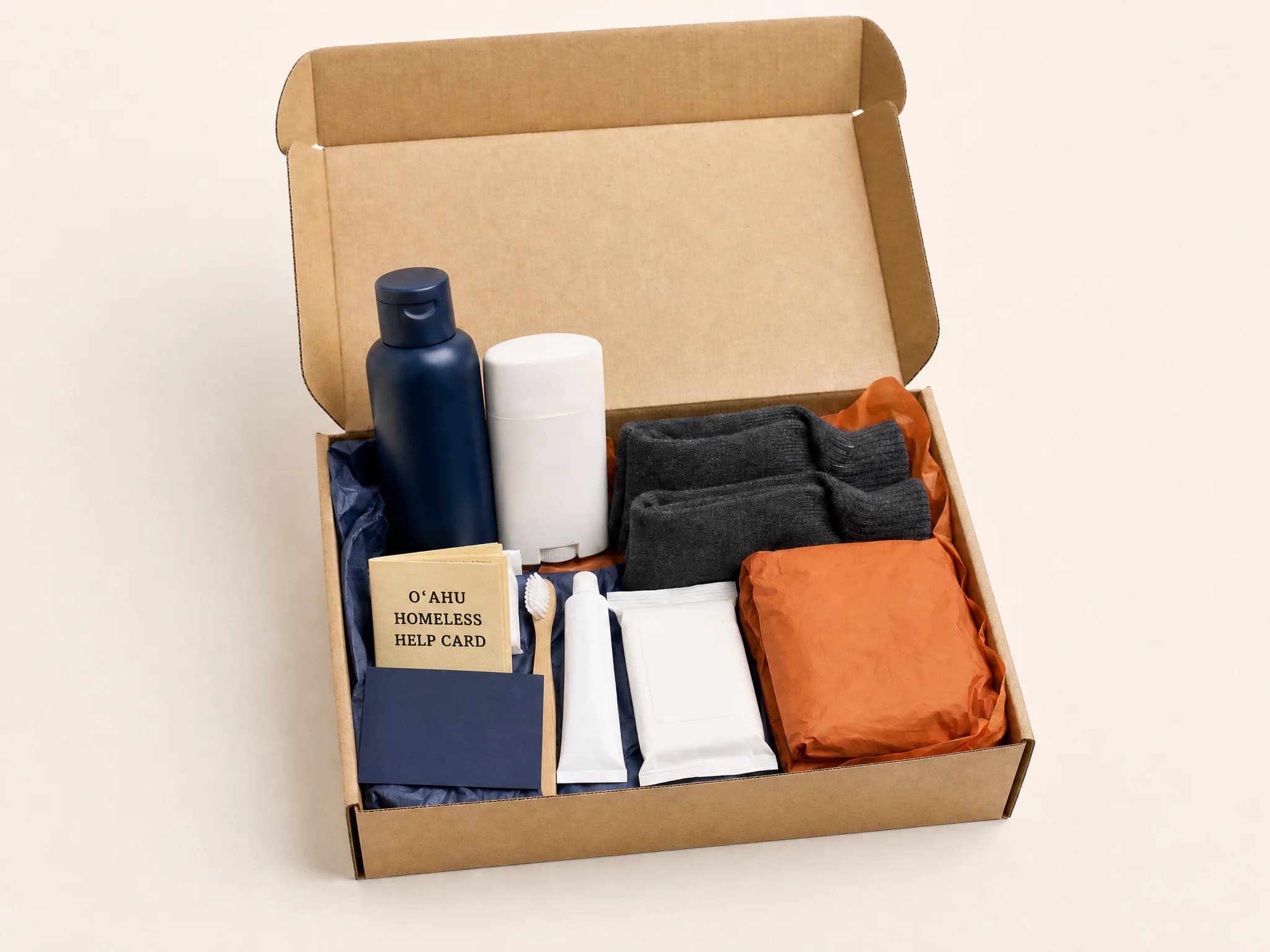Open Veteran care kit with hygiene supplies, socks, a weather layer, and a resource card.